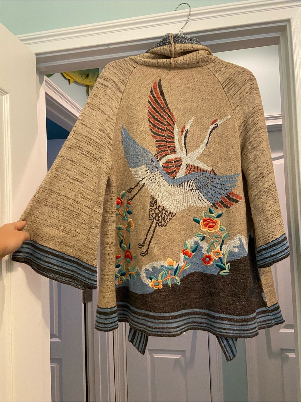 Anthropologie Beige Embroidered Crane Open-Front Wool Blend Sweater Cardigan - Picture 6 of 14